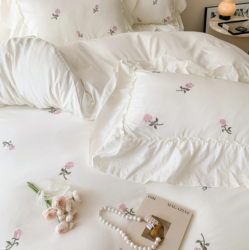 Romantic Ruffle Embroidered Duvet Cover Set – Korean Floral Chic Bedding