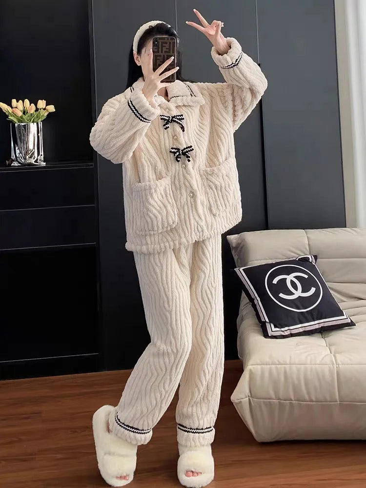 Ribbon Fleece Pajama Set – Soft & Warm Winter Loungewear