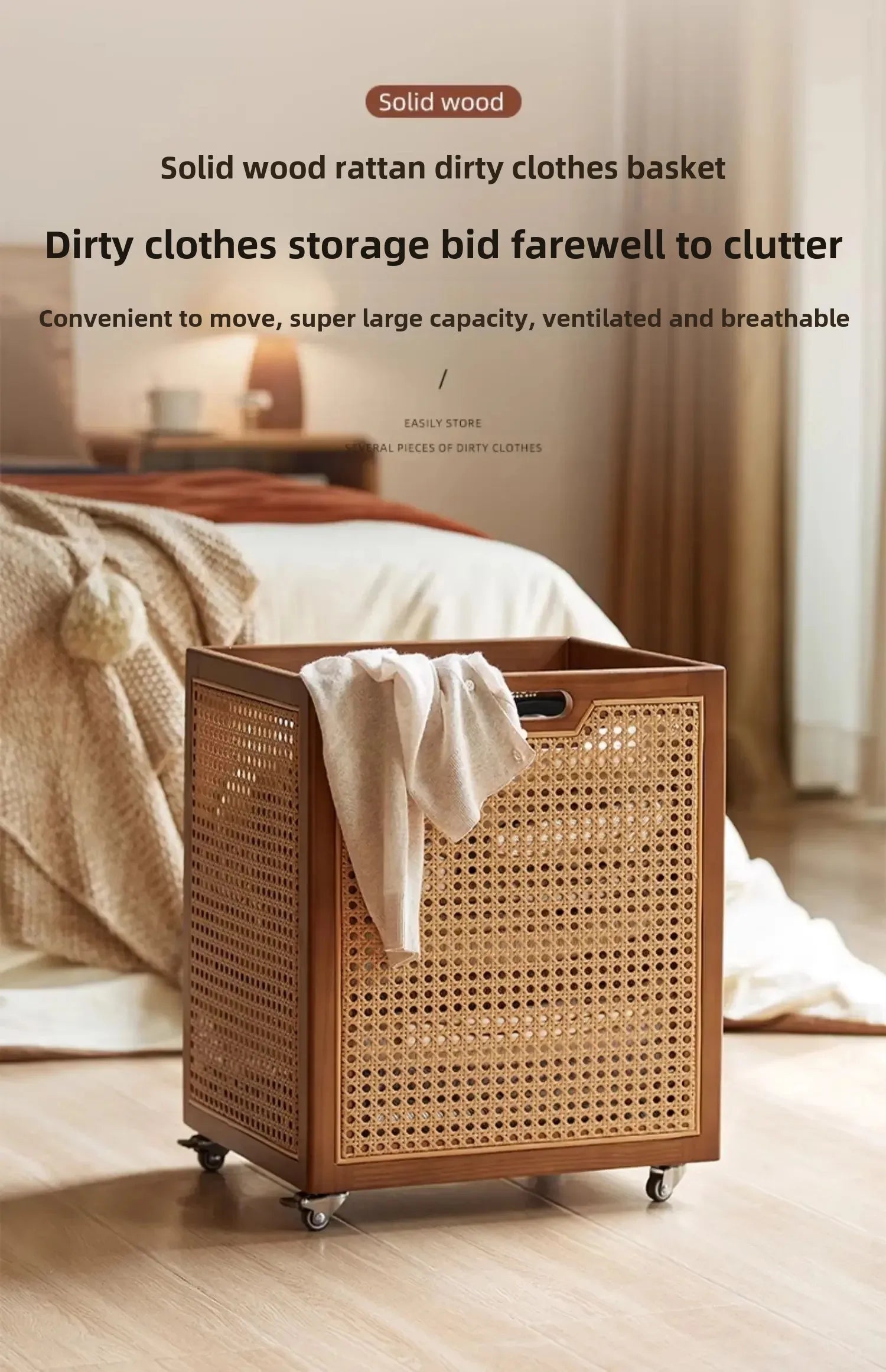 Rattan Rolling Laundry Hamper – Wooden Frame Storage Basket