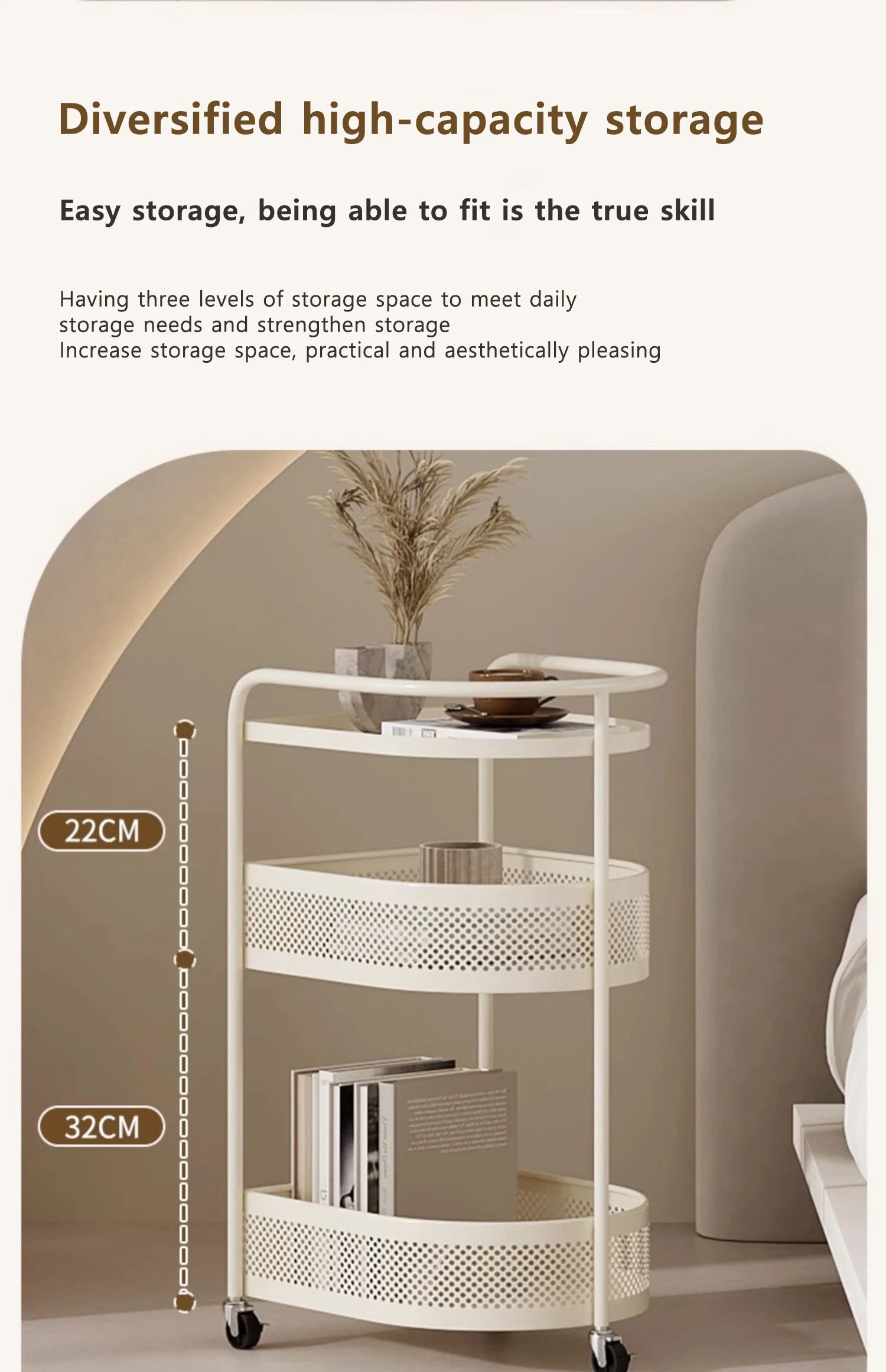 3-Tier Metal Utility Cart – Minimalist Rolling Storage Trolley