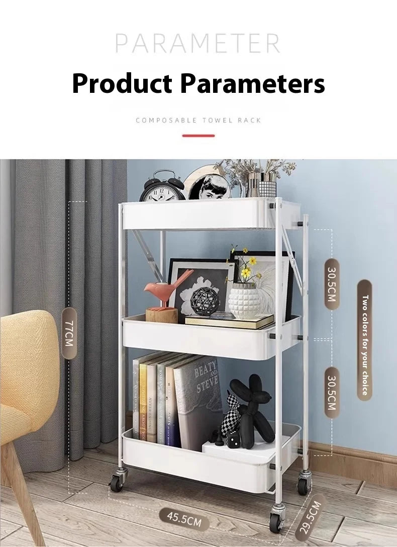 Foldable 3-Tier Storage Cart – Minimalist Rolling Trolley for Any Room