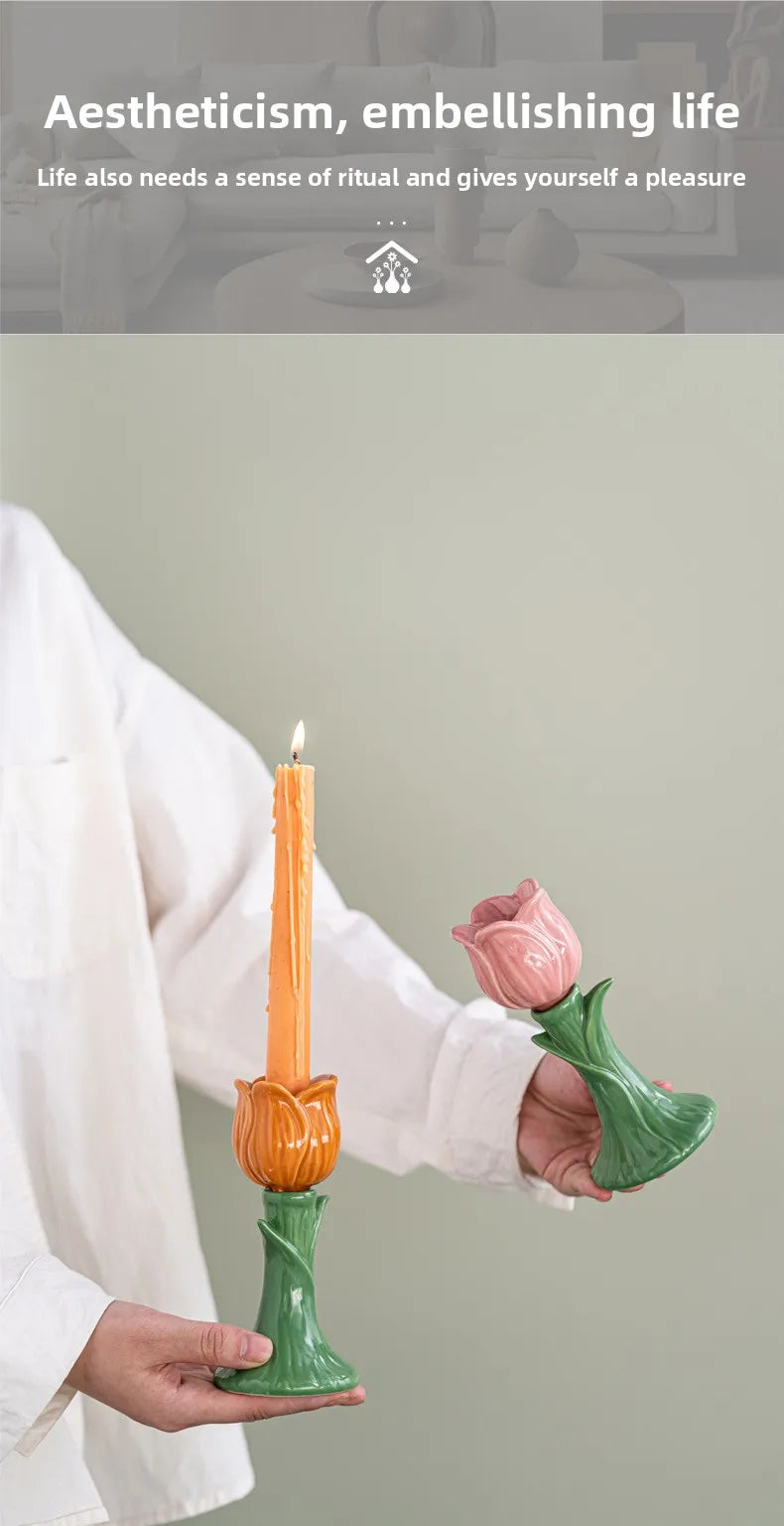 Tulip Ceramic Candle Holder – Whimsical Floral Home Accent