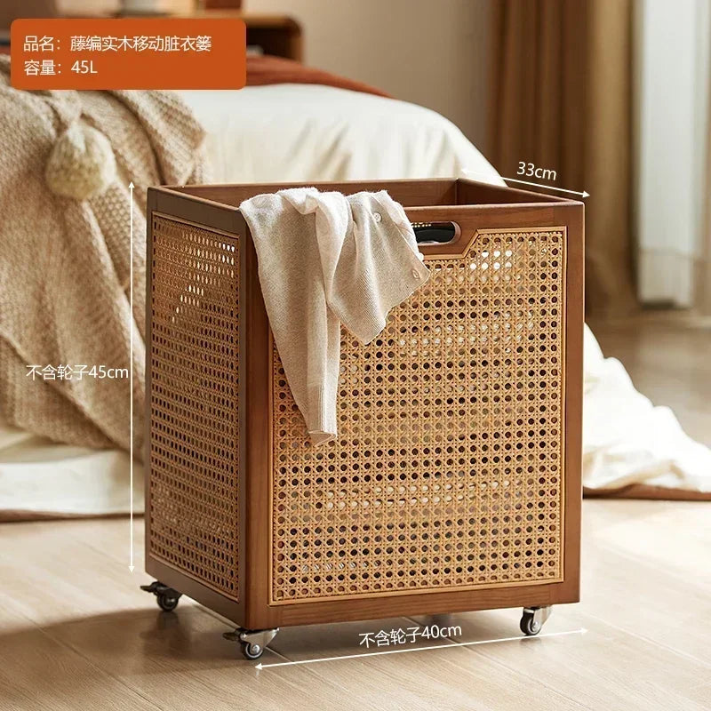 Rattan Rolling Laundry Hamper – Wooden Frame Storage Basket