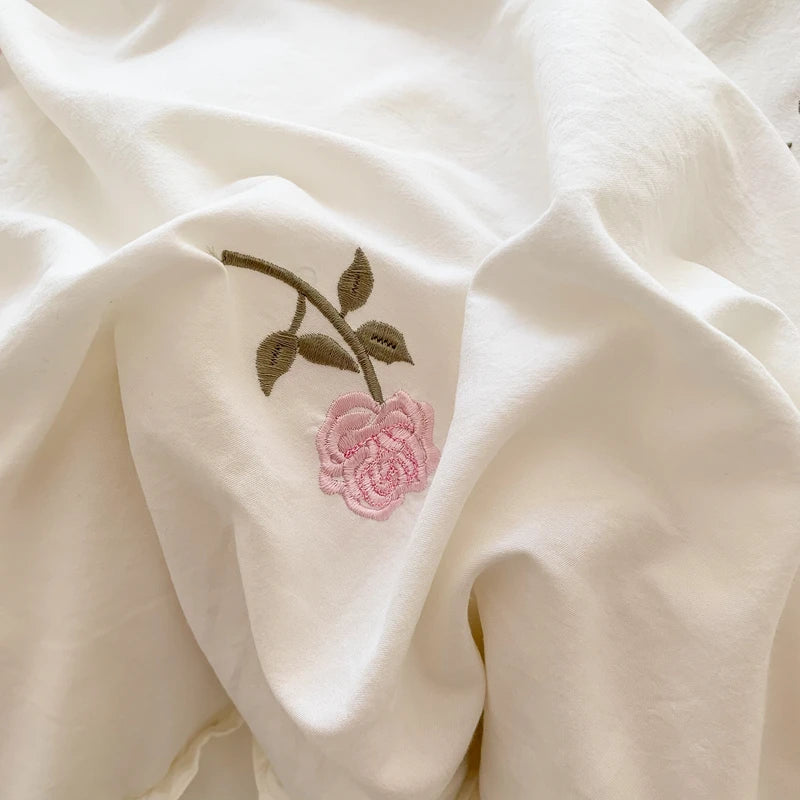 Romantic Ruffle Embroidered Duvet Cover Set – Korean Floral Chic Bedding