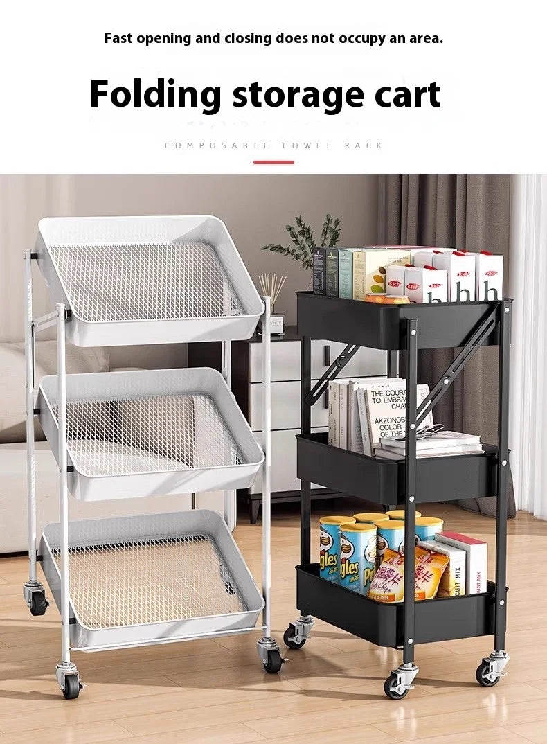 Foldable 3-Tier Storage Cart – Minimalist Rolling Trolley for Any Room