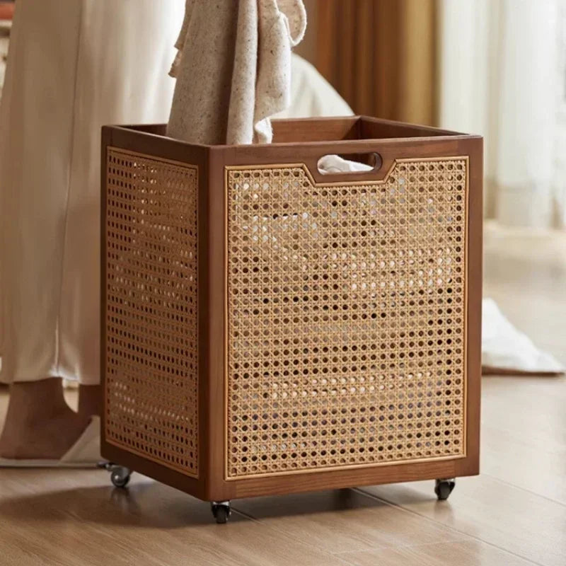 Rattan Rolling Laundry Hamper – Wooden Frame Storage Basket