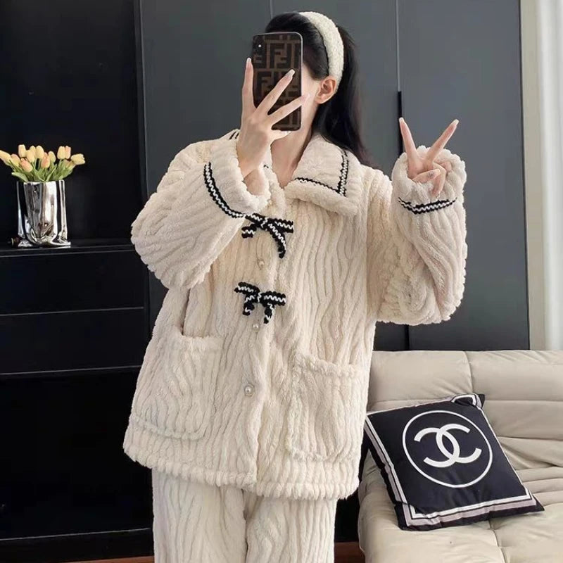 Ribbon Fleece Pajama Set – Soft & Warm Winter Loungewear