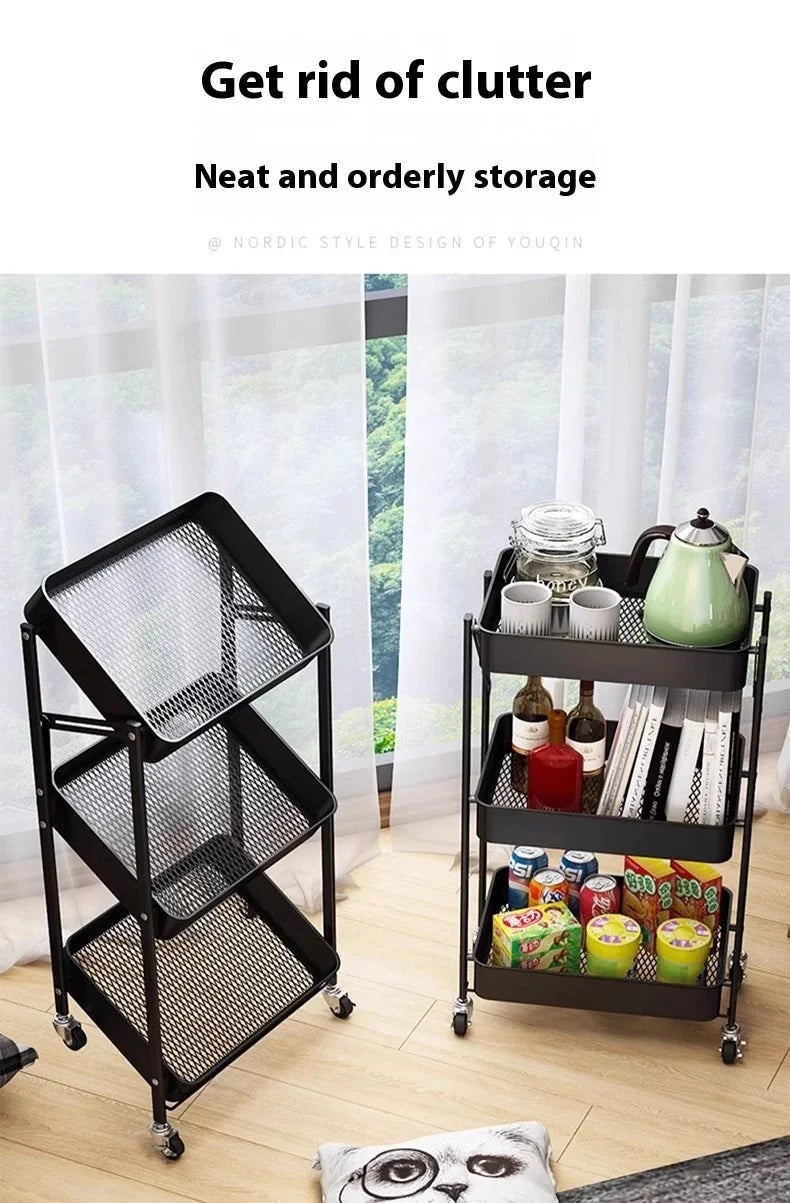 Foldable 3-Tier Storage Cart – Minimalist Rolling Trolley for Any Room