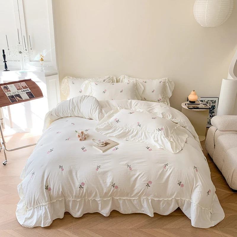 Romantic Ruffle Embroidered Duvet Cover Set – Korean Floral Chic Bedding
