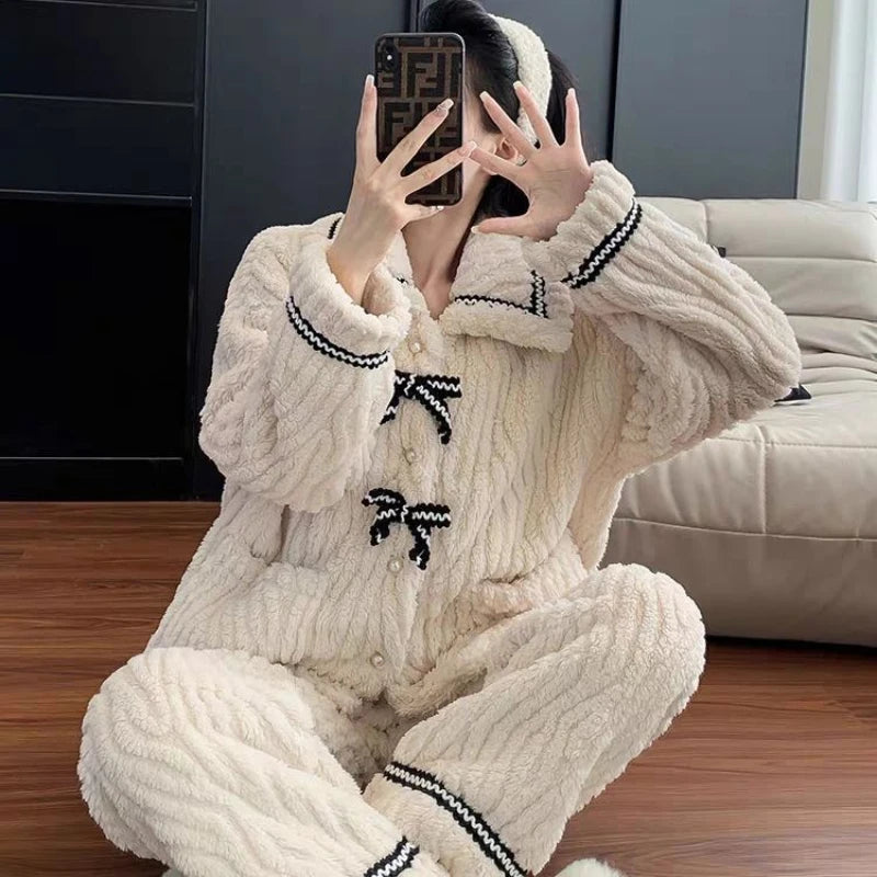 Ribbon Fleece Pajama Set – Soft & Warm Winter Loungewear