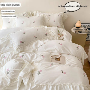 Romantic Ruffle Embroidered Duvet Cover Set – Korean Floral Chic Bedding